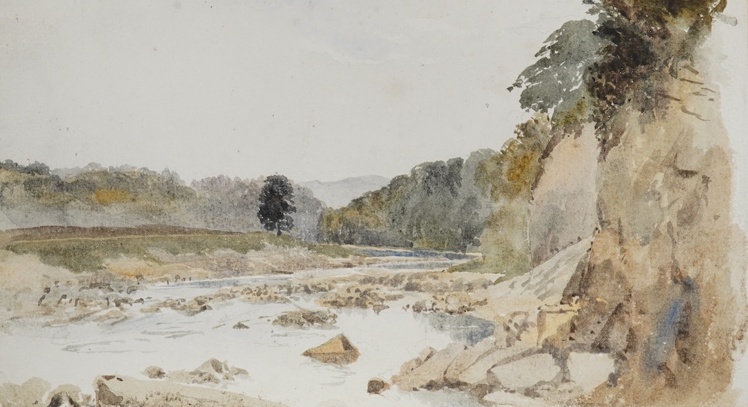 Attributed to David Cox (1783-1859), watercolour, Riverscape, mounted, unframed, 14 x 23cm